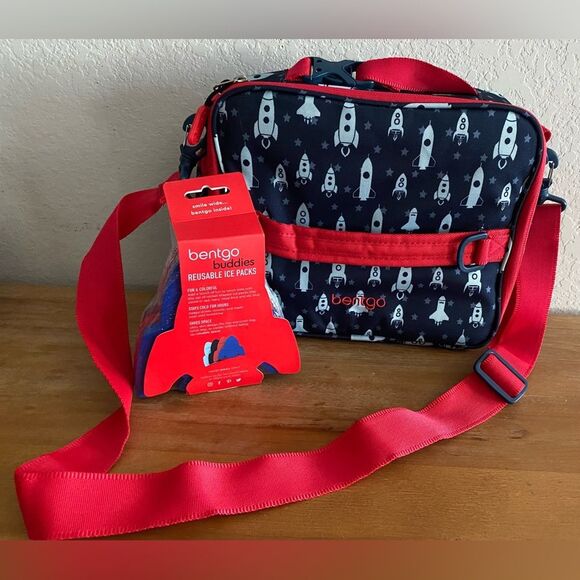 New Bentgo Kids Bundle Insulated Lunch Box Bag Crossbody Ice Packs Rockets - Picture 2 of 8